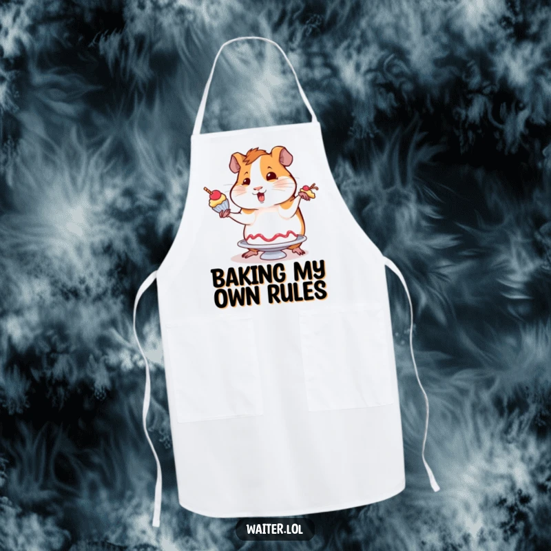 Funny apron showing a wobbly guinea pig attempting to balance a dessert with flair, perfect for adding a humorous touch to cooking.