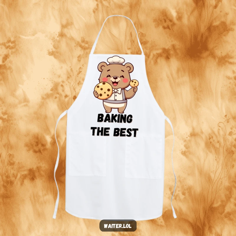 Funny bear waiter apron, a smiling bear wearing a bowtie proudly presents a single, enormous cookie to the kitchen.