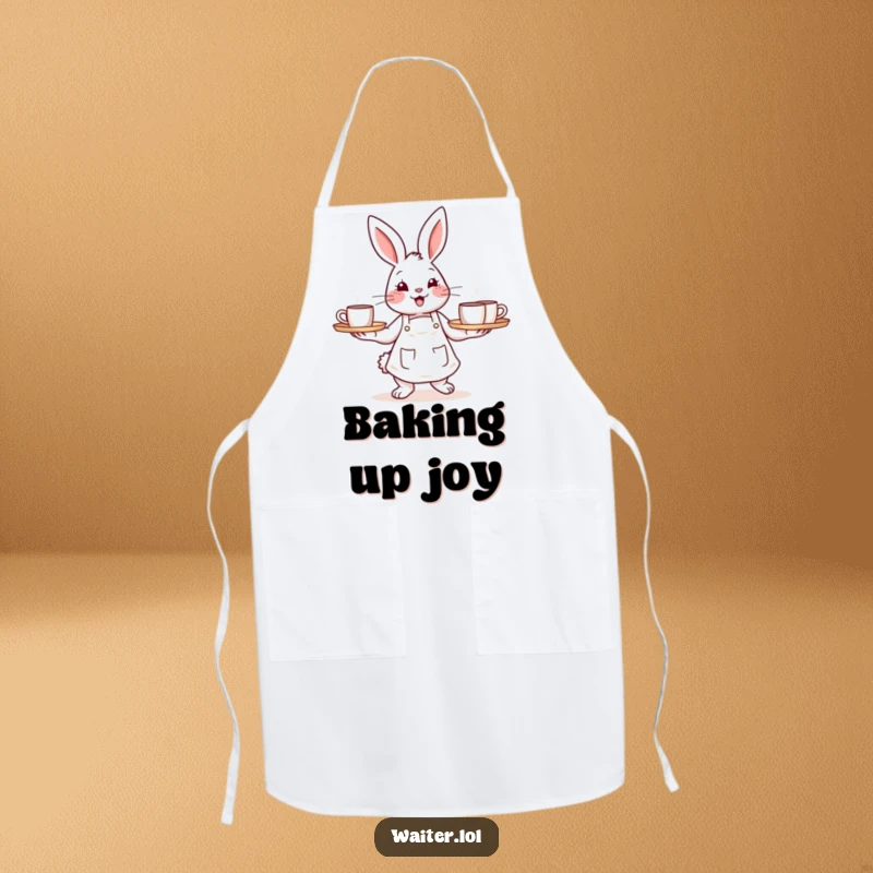 Funny apron showing a cheerful bunny wearing an apron and carrying a tray of steaming mugs, ideal for cooking.
