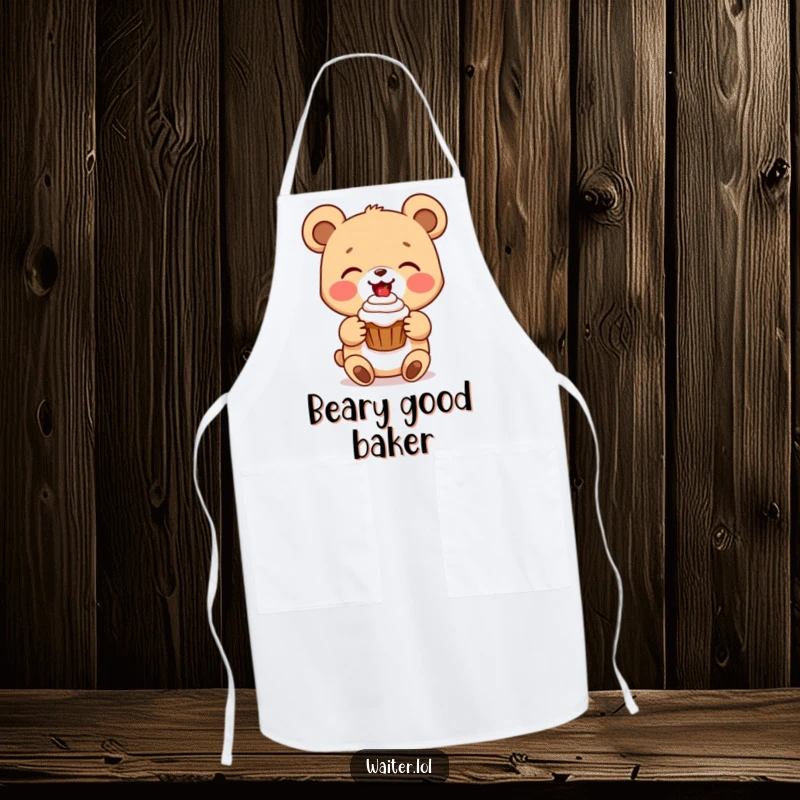 Funny bear cub apron featuring a delighted cartoon bear cub presenting a perfect cupcake with a beaming smile, culinary and cute protection.