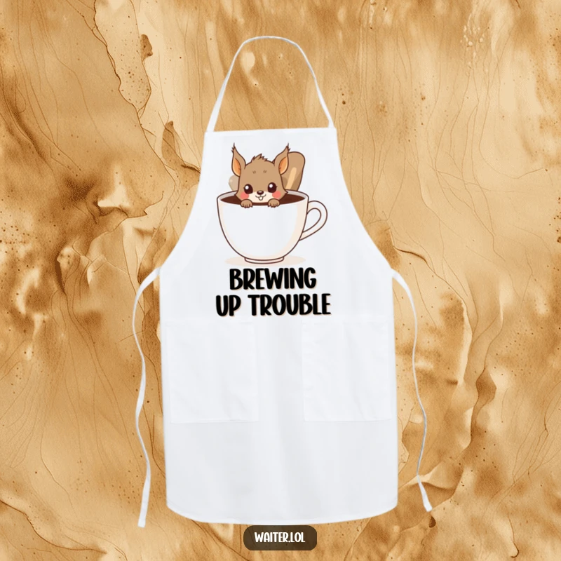 Funny Squirrel Apron: A curious squirrel peeks from behind a giant coffee cup, a humorous and practical kitchen accessory.