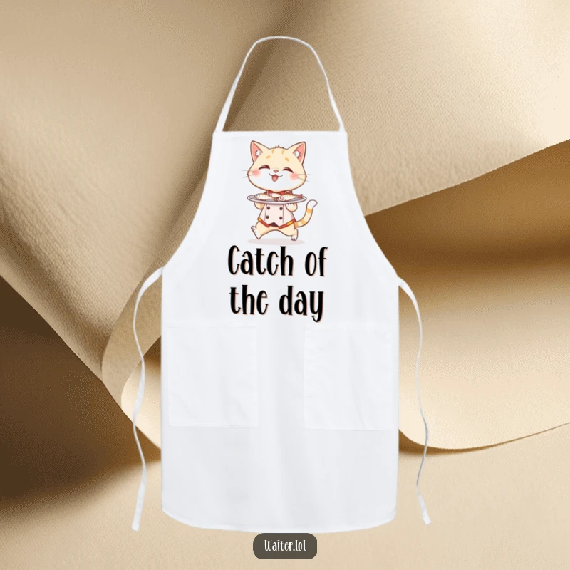 Funny cat waiter apron, a giggling cat wearing a tiny waiter uniform tiptoes with a plate full of miniature fish.