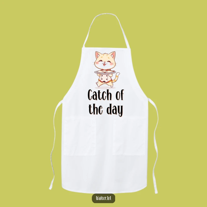 Funny Cat Waiter Apron: Tiptoeing Fish Presentation, Kitchen Fun Gift