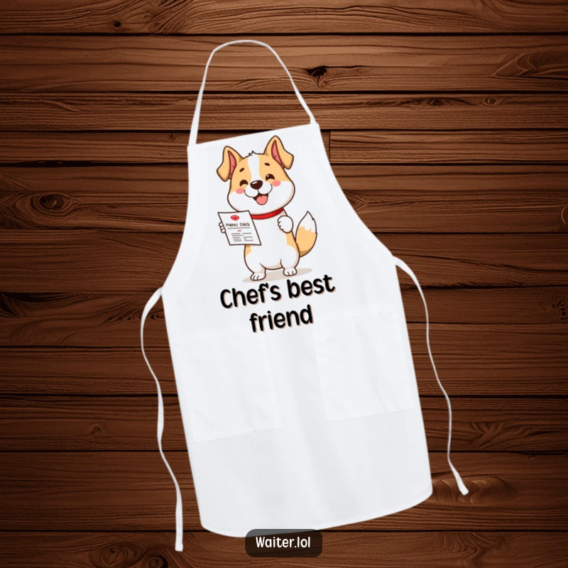 Funny apron with a cute dog character enthusiastically presenting a menu with a wagging tail, ready to serve.