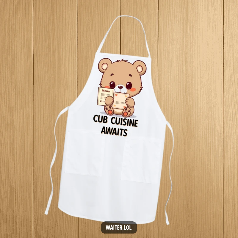 Funny bear cub apron, looking hopeful while offering a tiny menu, ideal for kitchen fun and cute culinary adventures.