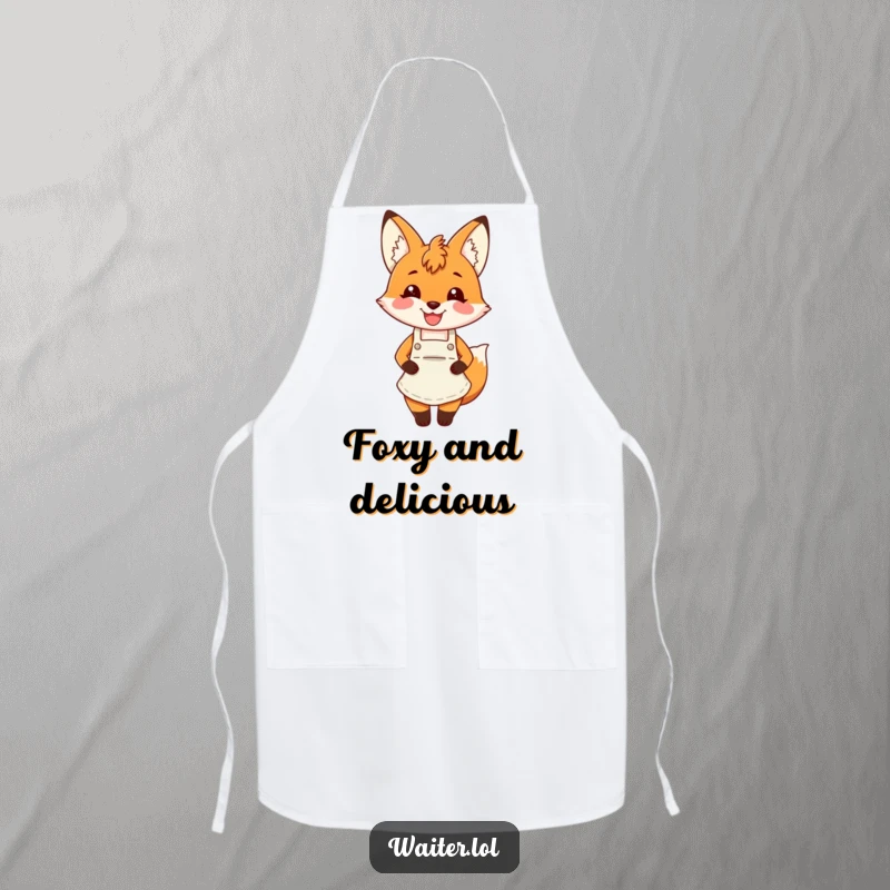 Funny fox apron featuring a charming fox wearing an apron and smiling broadly, perfect for kitchen activities.