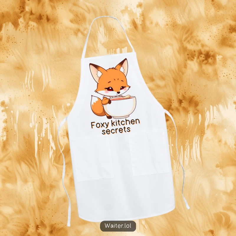 Funny fox chef apron featuring a curious cartoon fox in an apron peering into a steaming bowl with intrigue, culinary and humorous protection.