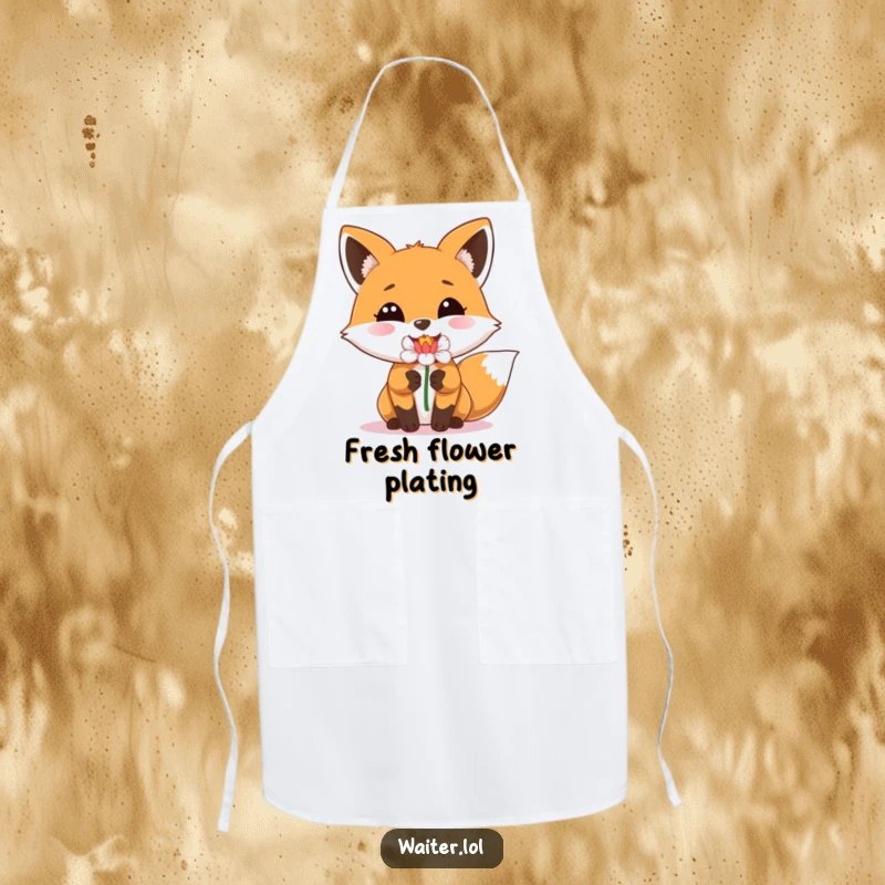 Funny apron showing a happy fox with a beaming smile delivering a single perfect flower, ideal for cooking.