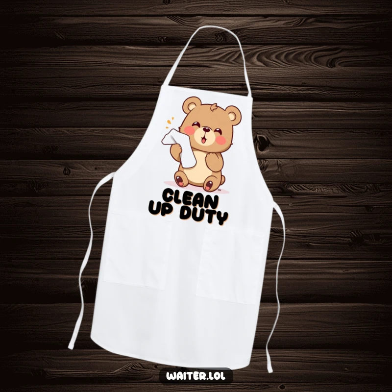 Funny bear apron depicting a cute character enthusiastically offering a napkin with a flourish, ideal for hosting and humor.