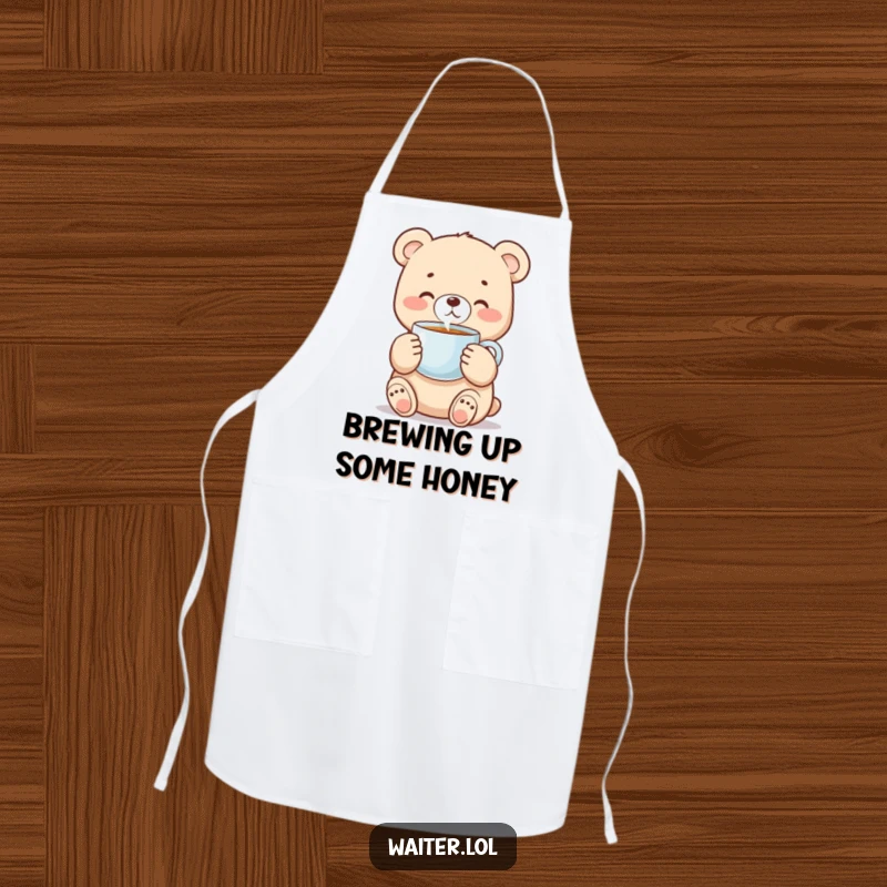Funny bear cub apron with a sweet cub carefully holding a steaming coffee cup, perfect for kitchen activities.