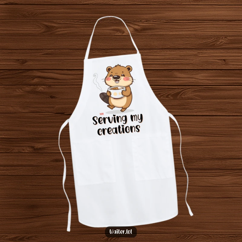 Funny beaver apron depicting a busy character carefully carrying a steaming bowl, ideal for kitchen dedication and humor.