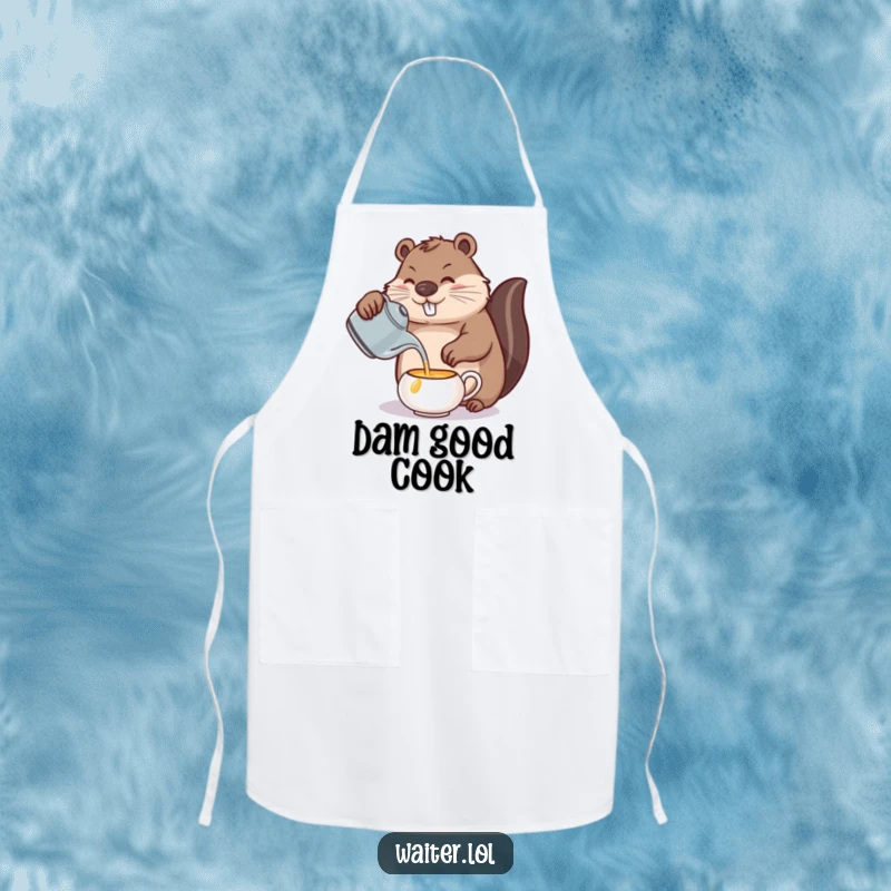 Funny beaver tea apron, a determined beaver carefully pouring from a teapot, a humorous and practical kitchen accessory.