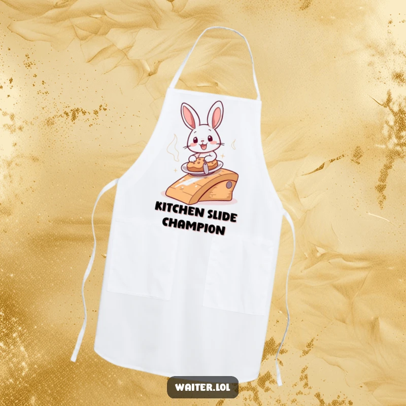 Funny cheerful bunny sliding a steaming plate down a ramp on a kitchen apron, emphasizing speedy and happy food service.