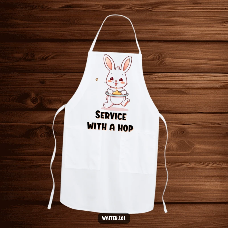 Funny Apron showing a playful bunny hopping with a tray, artfully containing a spill, perfect for cooks who value humor and tidiness.