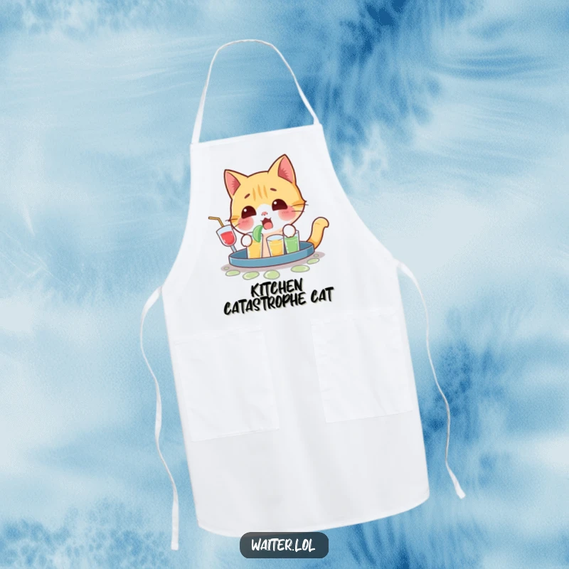 Funny apron showing a playful cat character yelping in surprise after spilling a tray of drinks, a kitchen mishap.