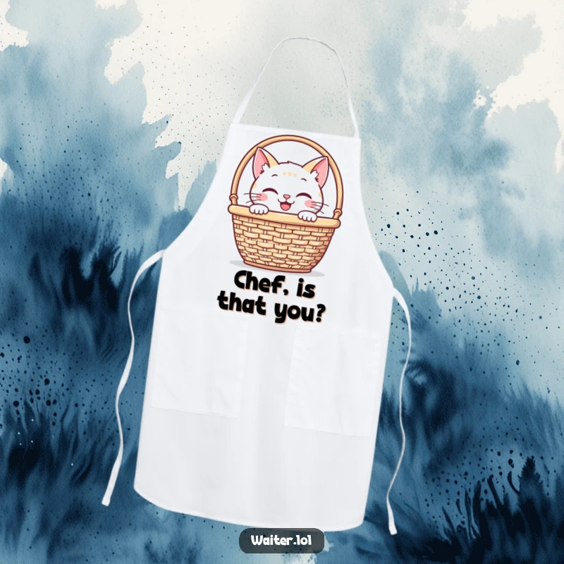 Funny apron showing a smiling cat peeking from behind a napkin basket, perfect for adding a humorous touch to cooking.