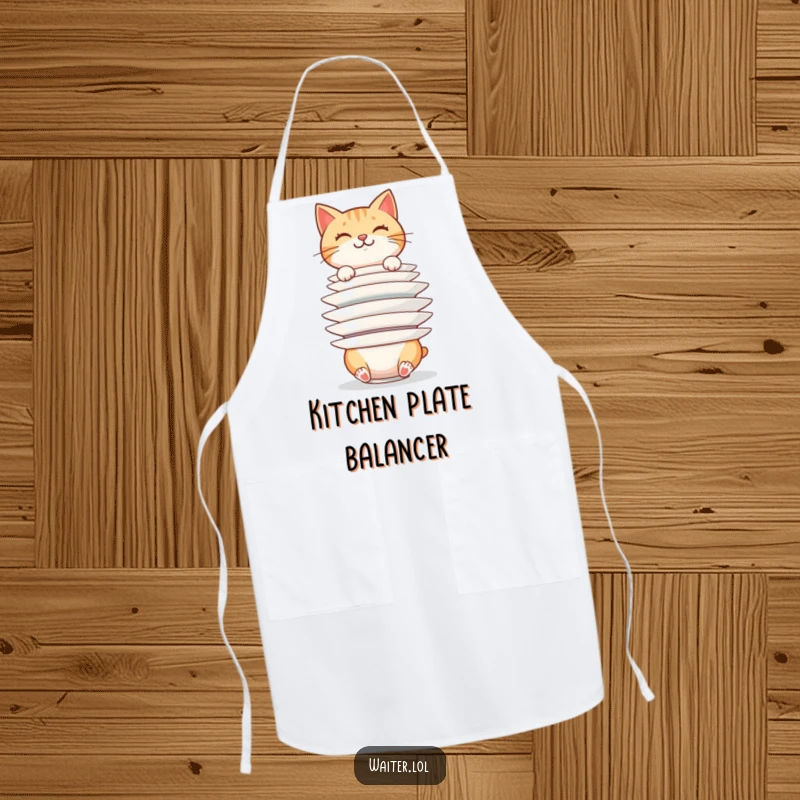 Funny cheerful cat balancing a huge stack of plates precariously on an apron, bringing kitchen chaos and humor, a funny gift.
