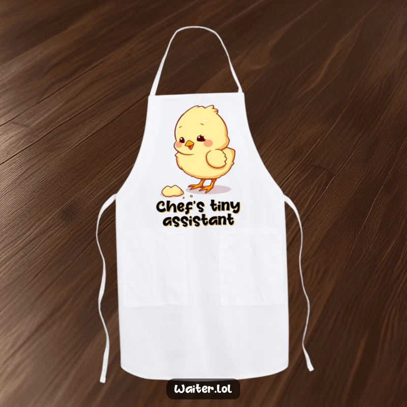 Funny apron featuring a fluffy chick character pecking at a crumb with a pleased chirp, ideal for kitchen humor.