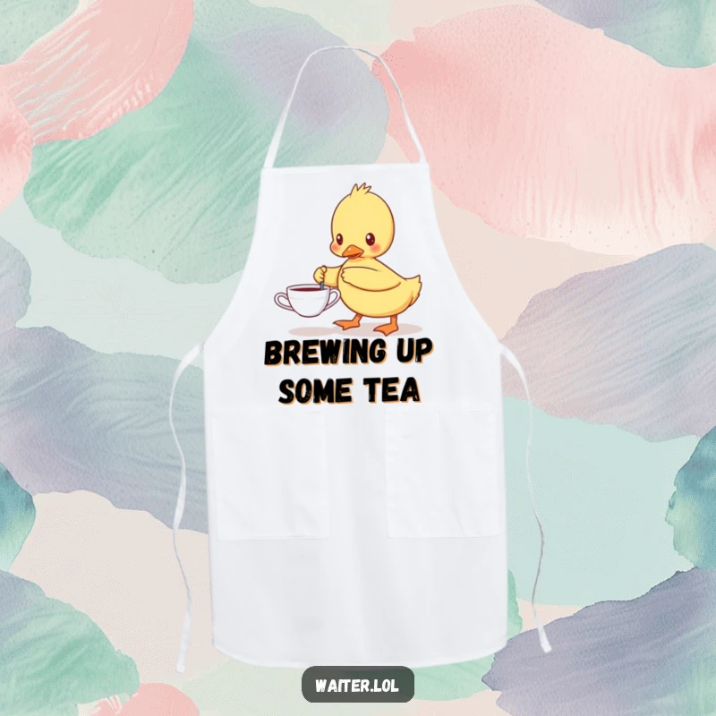 Funny apron showing a determined duckling carefully carrying a single teacup, perfect for adding humor to kitchen tasks.