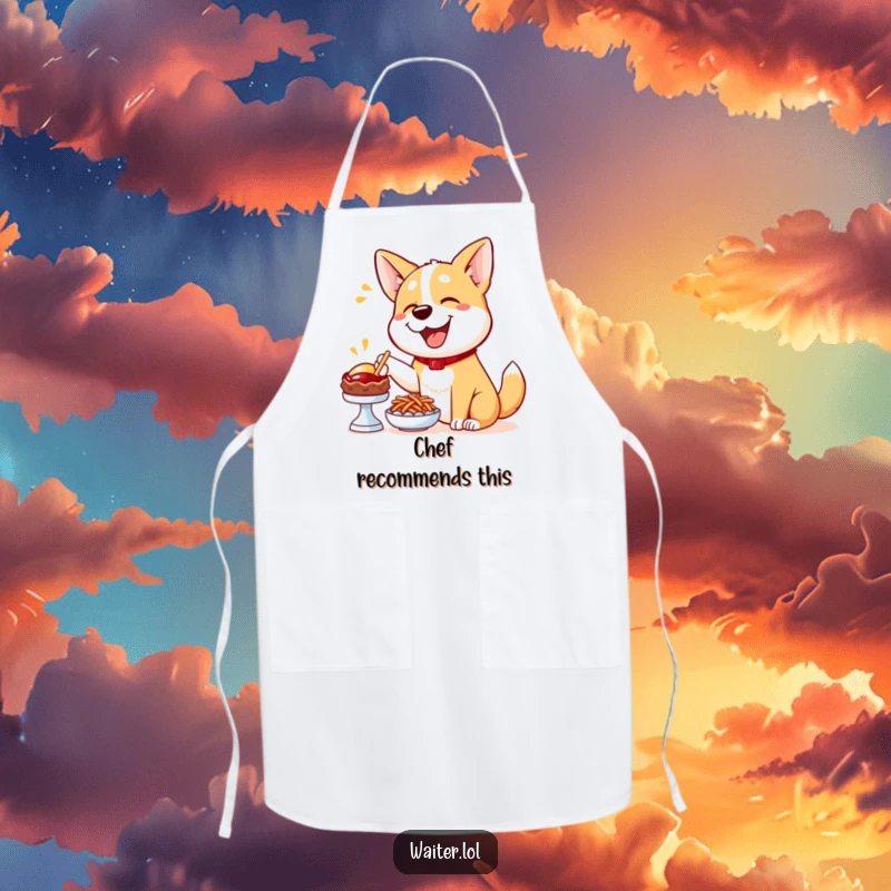 Funny Dog Menu Apron: A happy dog enthusiastically points to a delicious menu item, perfect for kitchen fun.