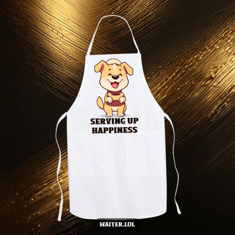 Funny Dog Waiter Apron: Happy dog waiter wagging tail enthusiastically delivers a bone-shaped treat, perfect for kitchen use.