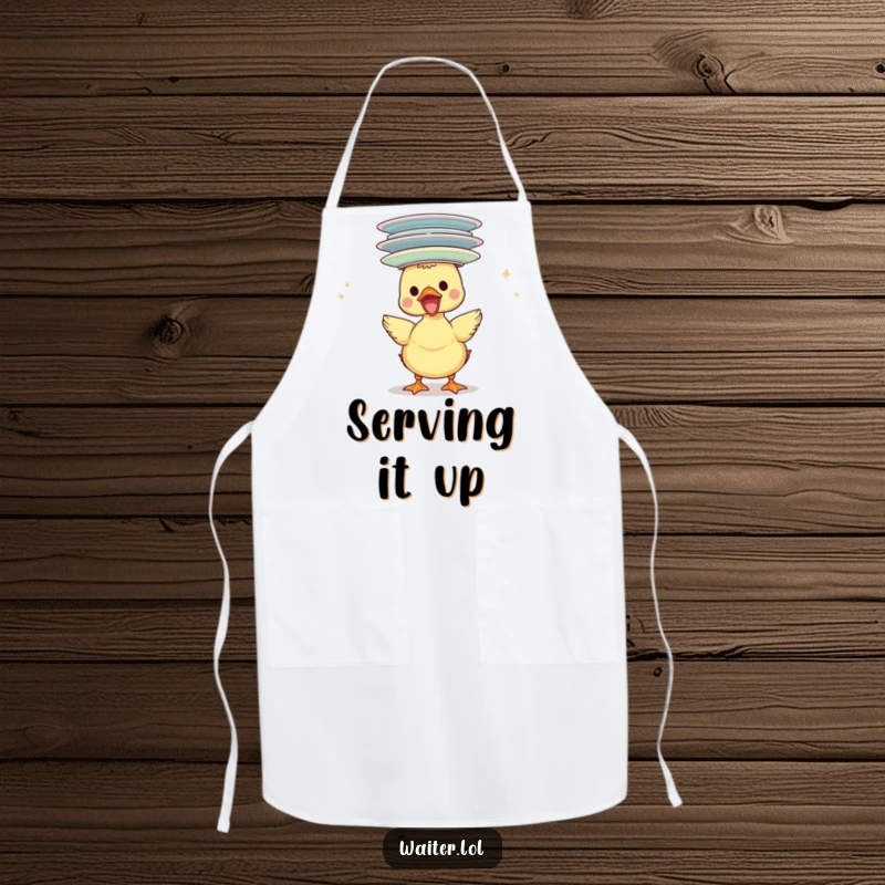 Funny duckling apron, gleefully balancing a stack of plates on its head, bringing whimsical fun to the kitchen.