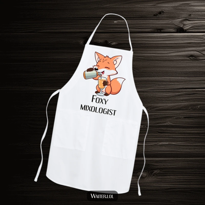 Funny playful fox pouring a drink with an exaggerated flourish on an apron, bringing flair to the kitchen, a funny gift.