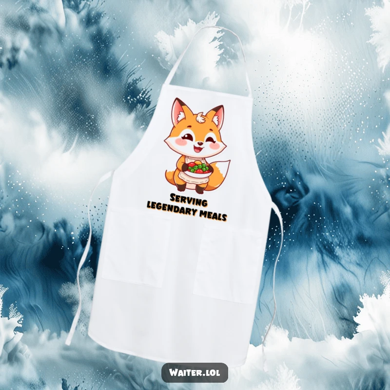 Funny grinning fox wearing a tiny apron proudly presents a colorful dish on a kitchen apron, emphasizing culinary fun.