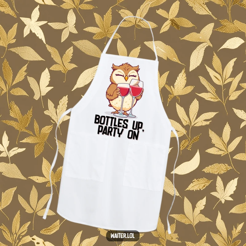 Funny kitchen apron featuring a giggling owl winking while polishing a wine glass, ideal for a humorous cooking experience.