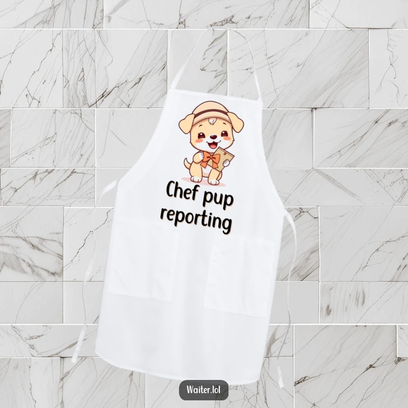 Funny apron with a giggling puppy wearing a hat and bow, proudly carrying a menu, perfect for kitchen tasks and adding cheerful service.