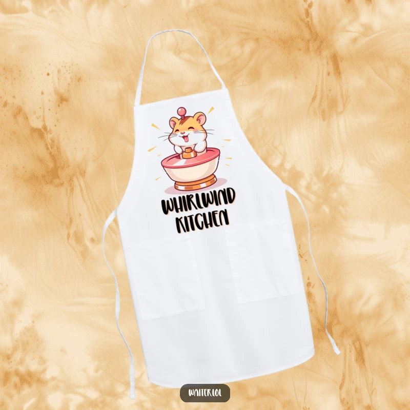 Funny hamster apron depicting a giggling character spinning a lazy susan at lightning speed, ideal for speedy kitchen tasks.