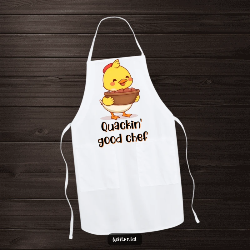 Funny happy duck bowl apron, a proud duck carrying a steaming bowl, a humorous and practical kitchen accessory.