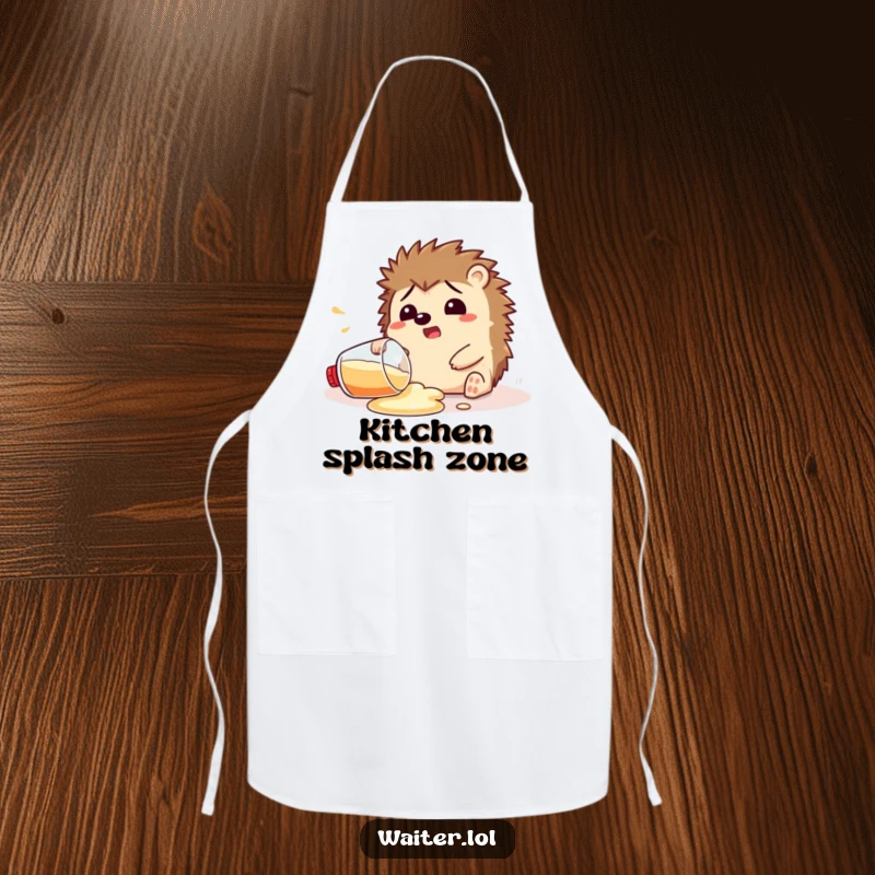 Funny Apron showing a startled hedgehog spilling a drink, adding a humorous and relatable element to kitchen activities.