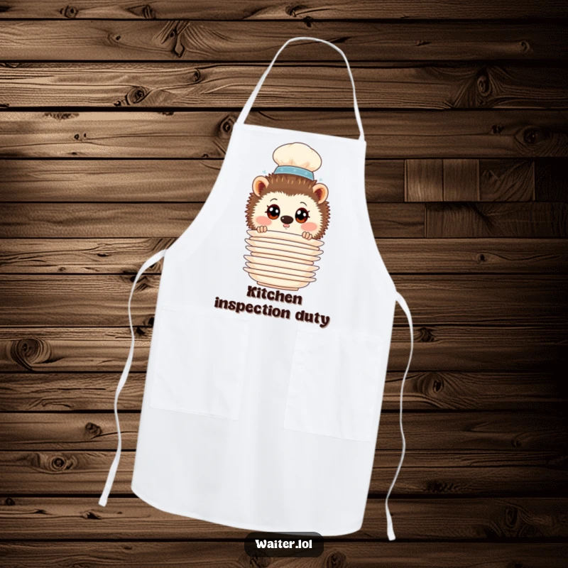 Funny Hedgehog Waiter Apron: Curious hedgehog waiter peering from behind plates, perfect for kitchen use.