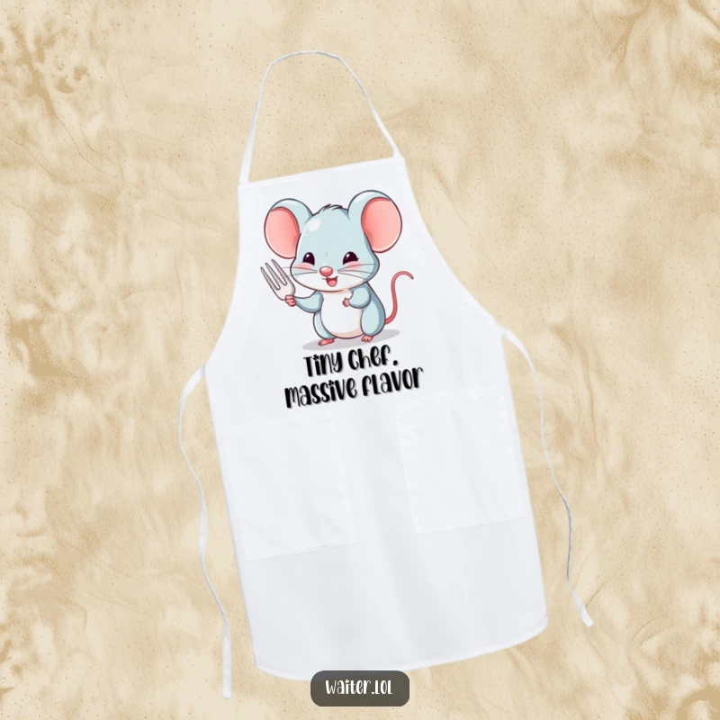 Funny kitchen apron featuring a charming mouse giving a polite nod while offering a tiny fork, ideal for chefs.