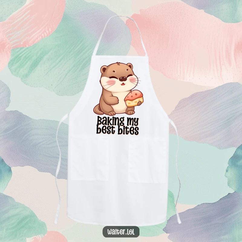 Funny Otter Pastry Apron: A cute otter winks while presenting a single, delicious-looking pastry, perfect for kitchen fun.