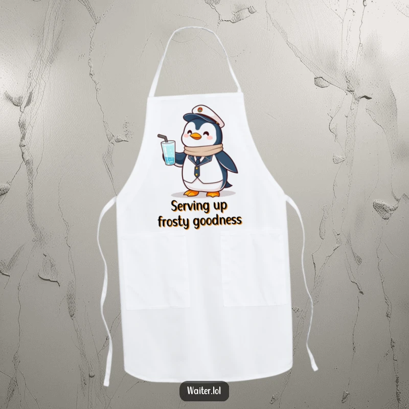 Funny Penguin Apron: A proud penguin in uniform offers a frosty drink, perfect for a stylish server.