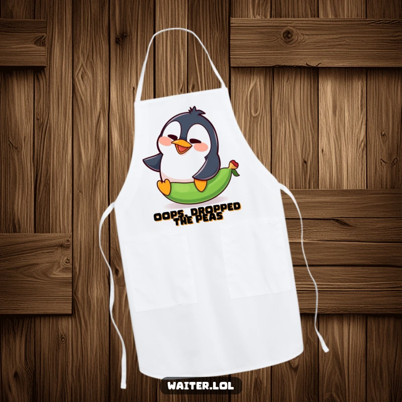 Funny penguin apron with a goofy penguin comically slipping on a pea, squawking dramatically while cooking.