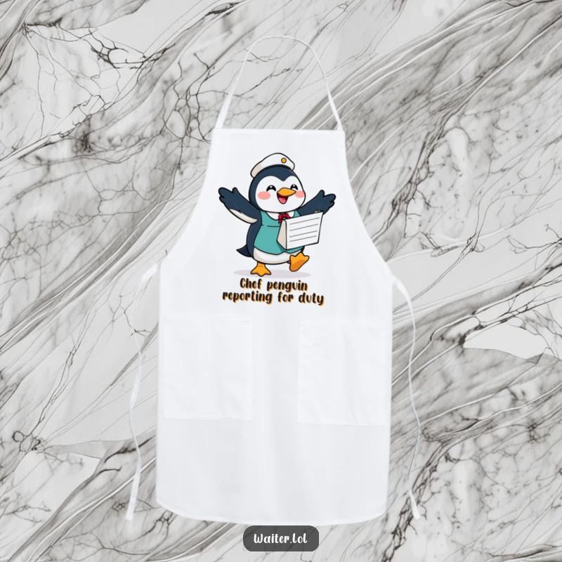 Funny apron depicting a joyful penguin waiter waddling with a large order form, ready to assist in the kitchen with a hopeful smile.