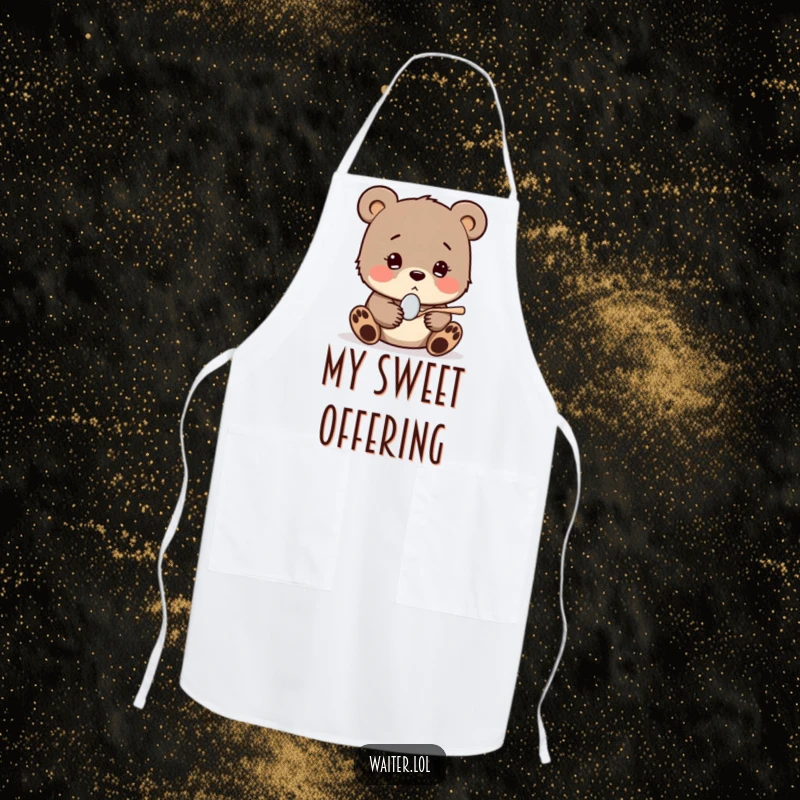 Funny apron with a shy bear cub shyly offering a tiny spoon with a hopeful expression, perfect for kitchen tasks and adding heartwarming charm.