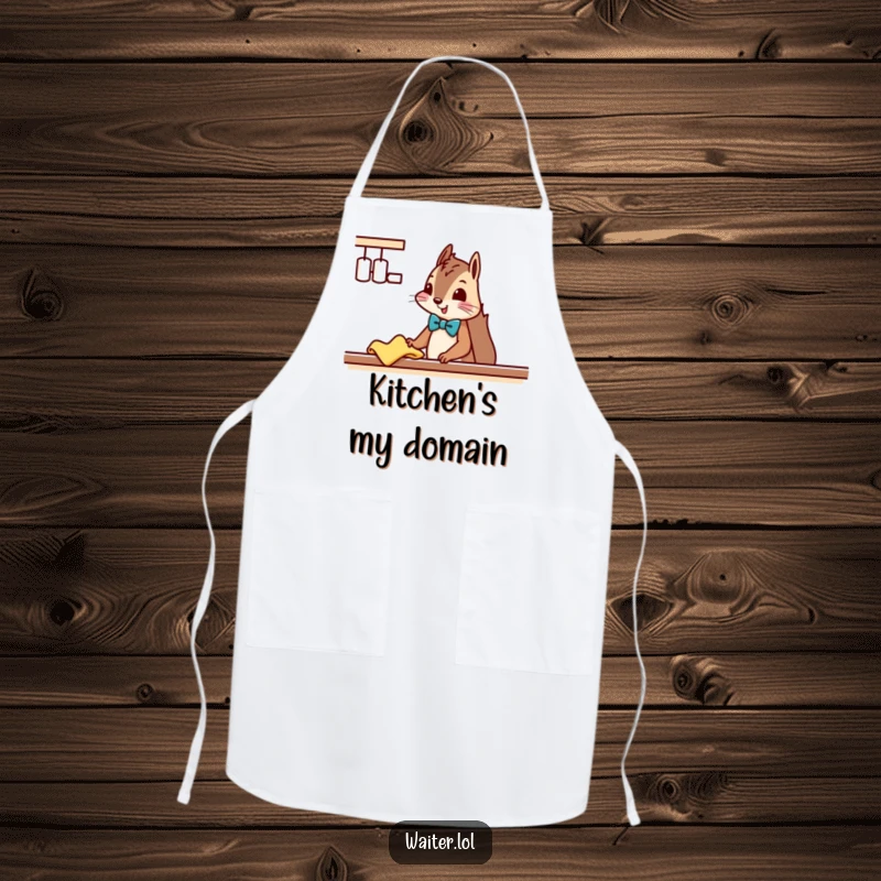 Funny Squirrel Cleaner Apron: A squirrel wearing a bowtie politely wipes down a counter with a cloth, ready for kitchen tasks.