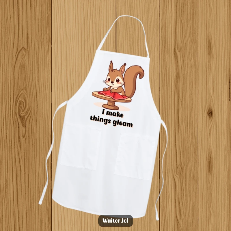 Funny squirrel cleaner apron featuring a determined cartoon squirrel diligently wiping a table with a red cloth, culinary and tidy protection.
