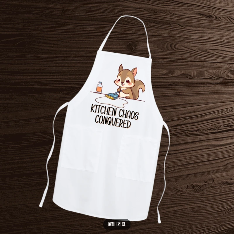 Funny squirrel apron showing a determined squirrel scrubbing a table, ideal for chefs who enjoy humorous kitchenware.