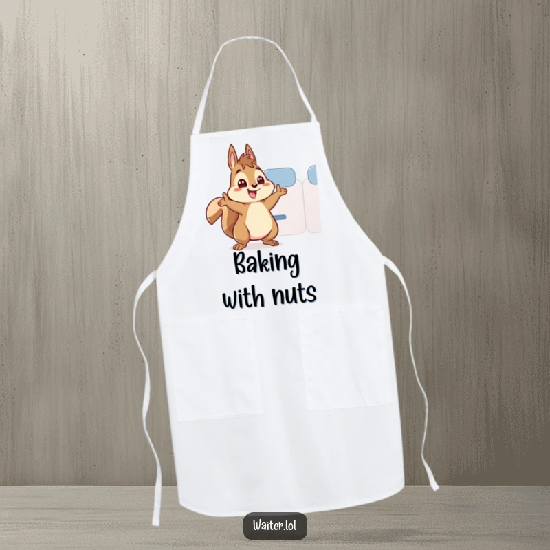 Funny apron with an energetic squirrel character enthusiastically refilling a teacup, eyes wide with excitement.
