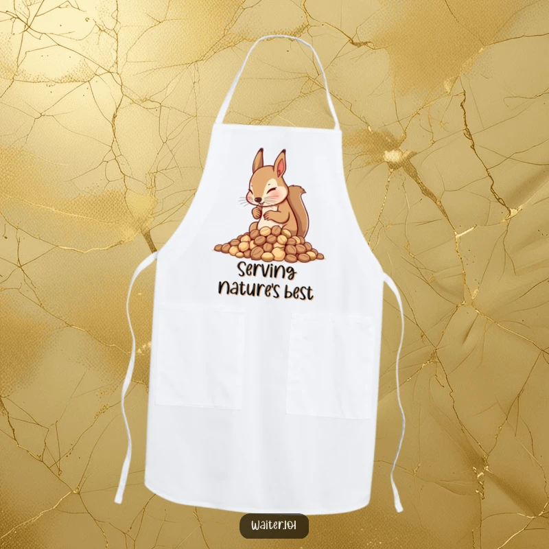 Funny Squirrel Waiter Apron: Determined squirrel waiter carefully arranging nuts, perfect for kitchen use.