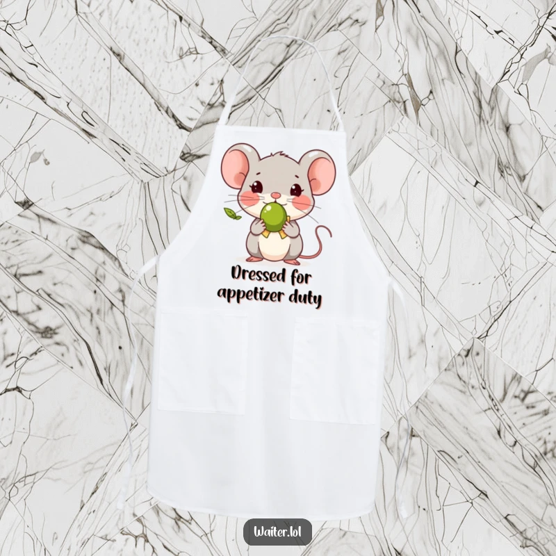 Funny tiny mouse character bowing politely with a single olive, printed on a functional and humorous kitchen apron.