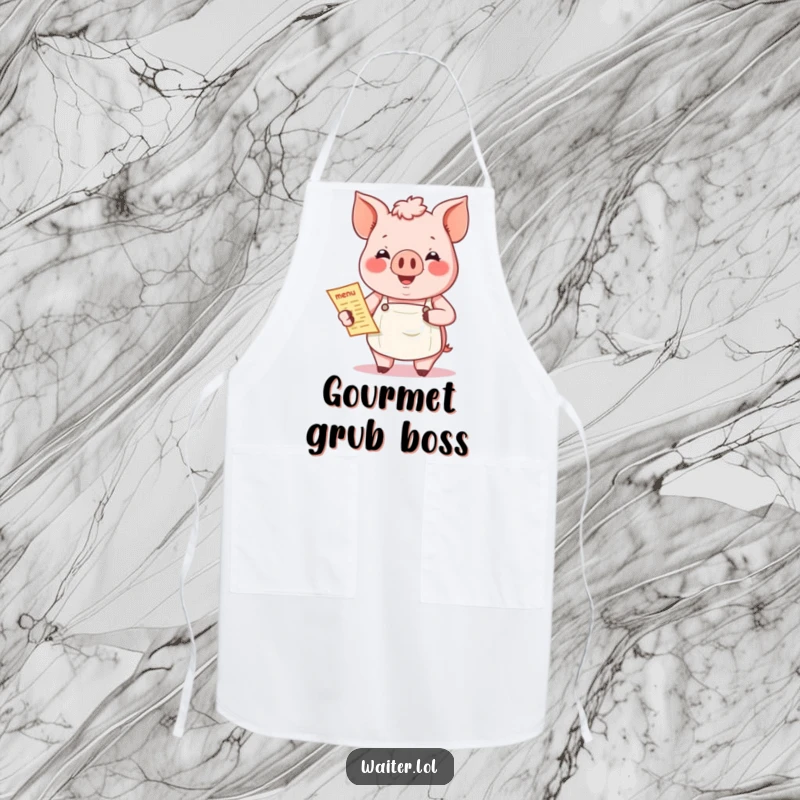 Funny Pig Apron: A jovial pig wearing an apron holds a menu, perfect for a friendly chef.