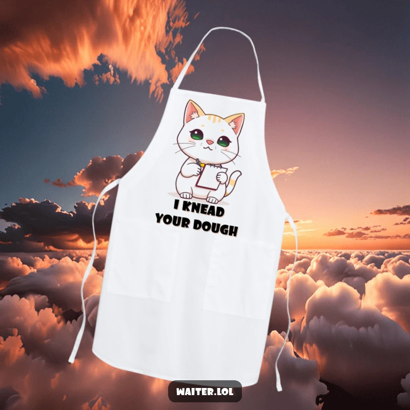 Funny Cat Barista Apron: A determined cat in an apron, holding a notepad, focused on taking an order, bringing humor to the kitchen.