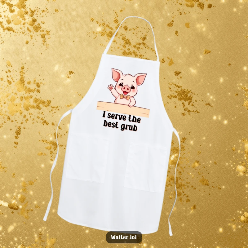 Funny Piglet Waiter Apron: A smiling piglet in a bowtie enthusiastically gestures towards a table, ideal for kitchen fun.