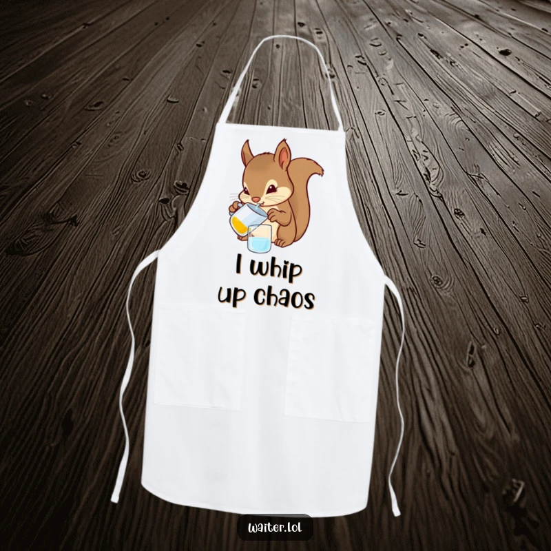 Funny Squirrel Bartender Apron: A determined squirrel pouring a drink from a tiny pitcher with focused paws, bringing humor to the kitchen.